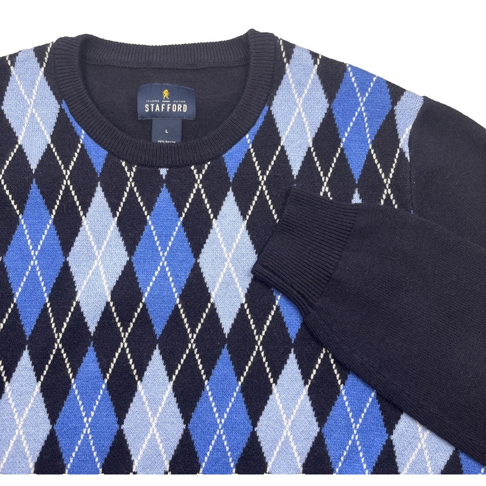 STAFFORD  Mens L Crew Neck Blue Wool Cashmere Blend Argyle Pullover Sweater